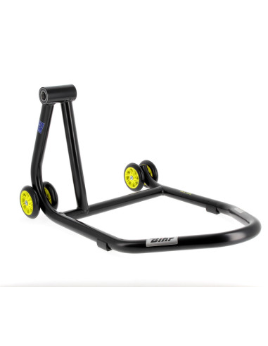 BIHR Home Track Left Single Arm Paddock Stand Matt Black Yellow Wheels