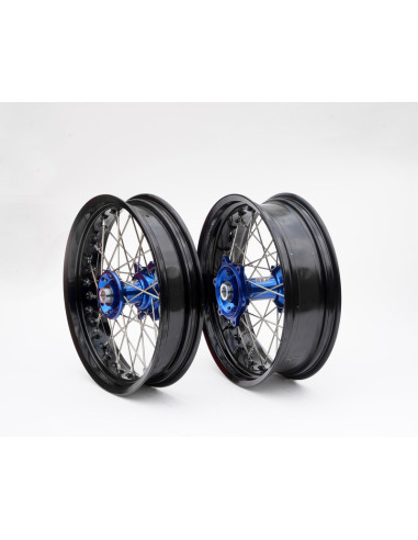 ART SM Complete Front + Rear Wheel 17x3,50/17x4,50 Black Rim/Blue Hub/Silver Spokes/Silver Spoke Nuts