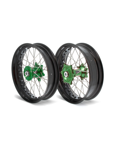 ART SM Complete Front + Rear Wheel 17x3,50/17x4,50 Black Rim/Green Hub Kawasaki