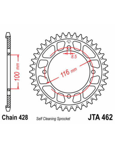 JT SPROCKETS Aluminium Ultra-Light Self-Cleaning Black Rear Sprocket 462 - 428